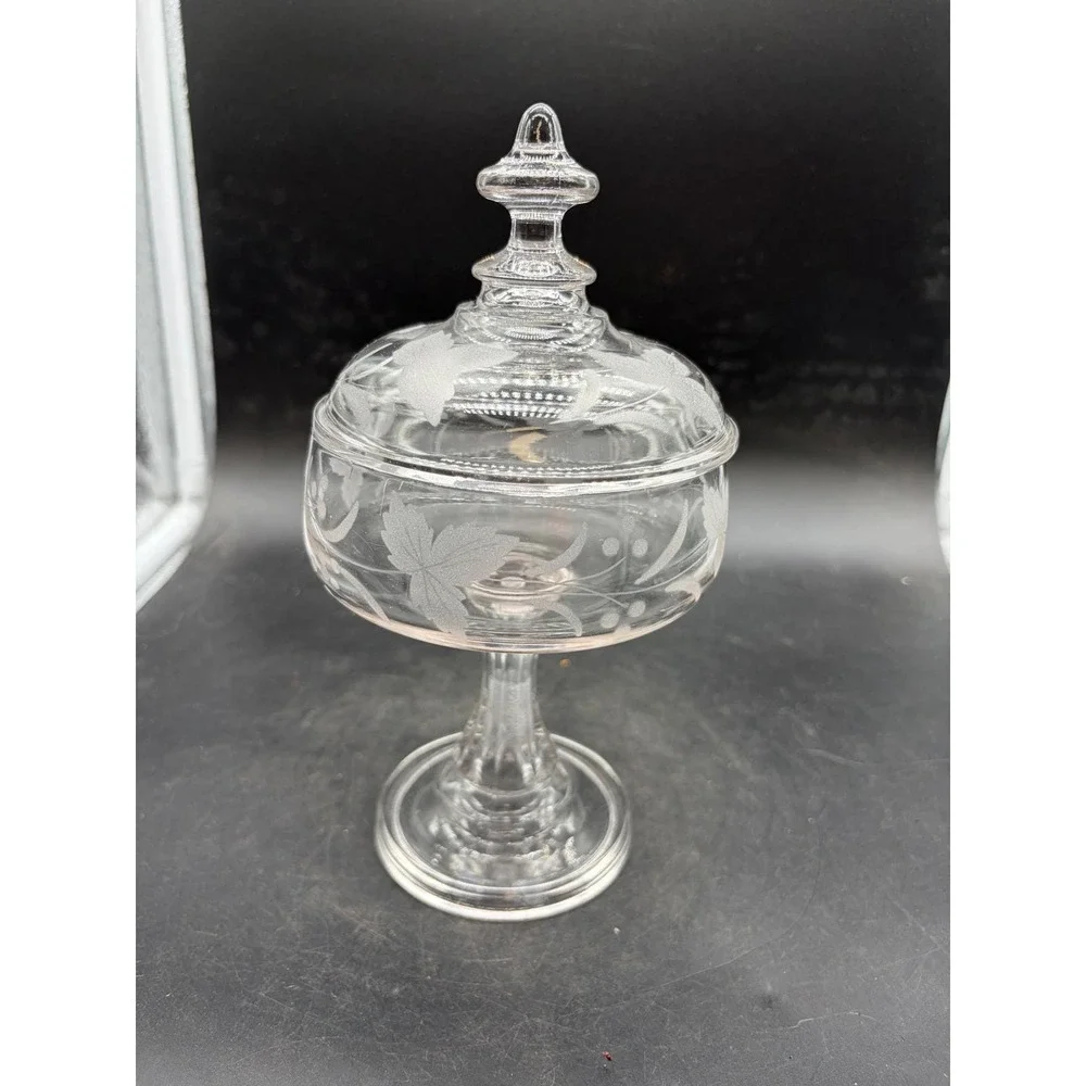 Vintage Etched Glass Pedestal Candy Dish with Lid Leaf Vine Footed Compote Clear